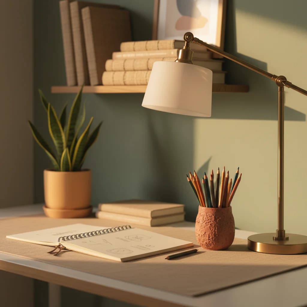 A tidy, calm study space with notebooks and warm lighting