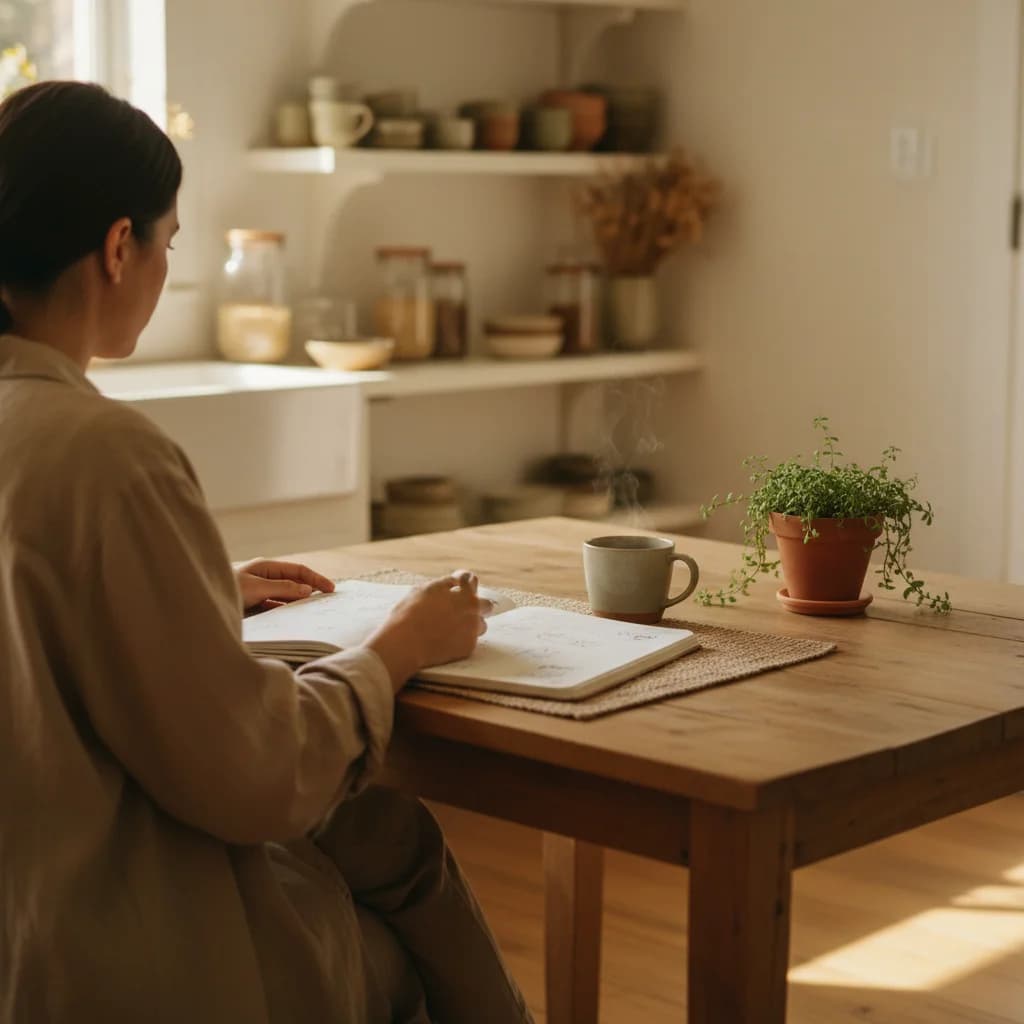 An adult at a cozy kitchen table with a planner and tea