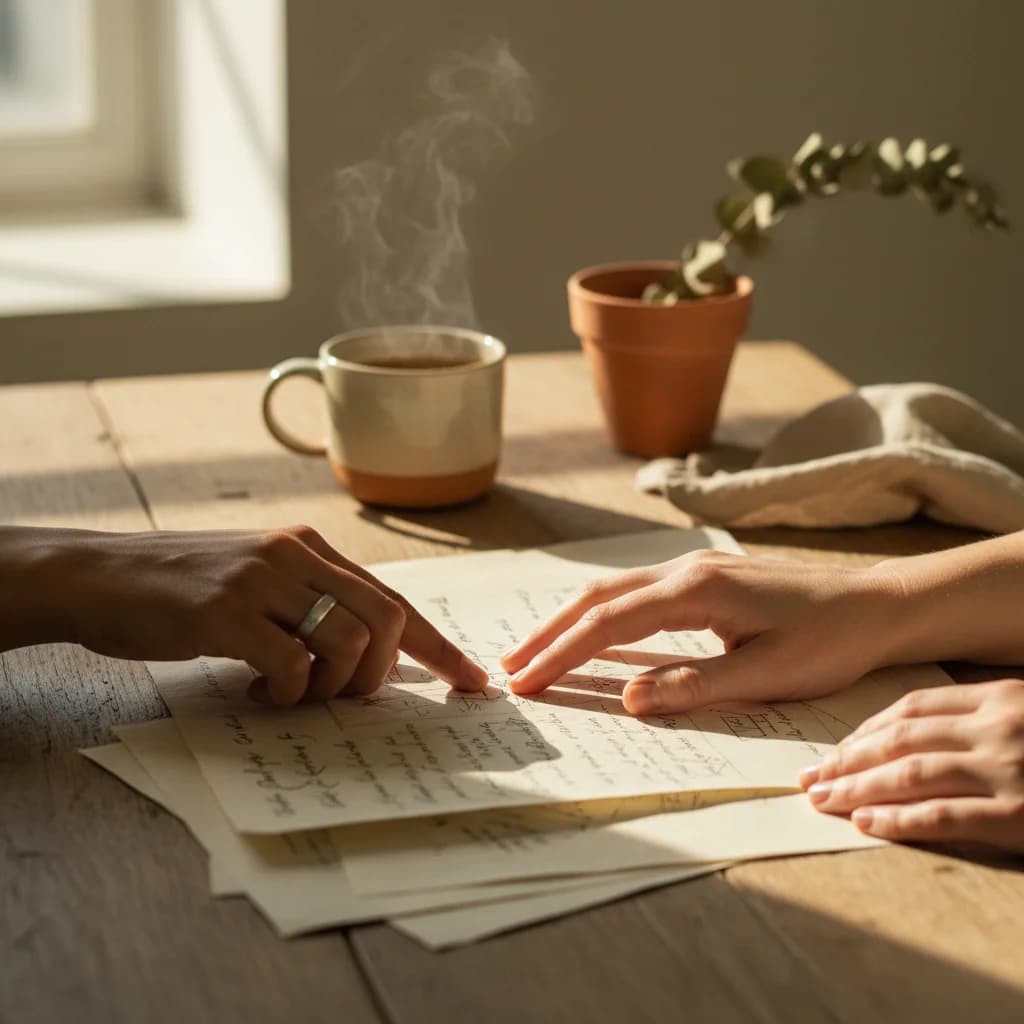 Two people collaborating over documents in warm light