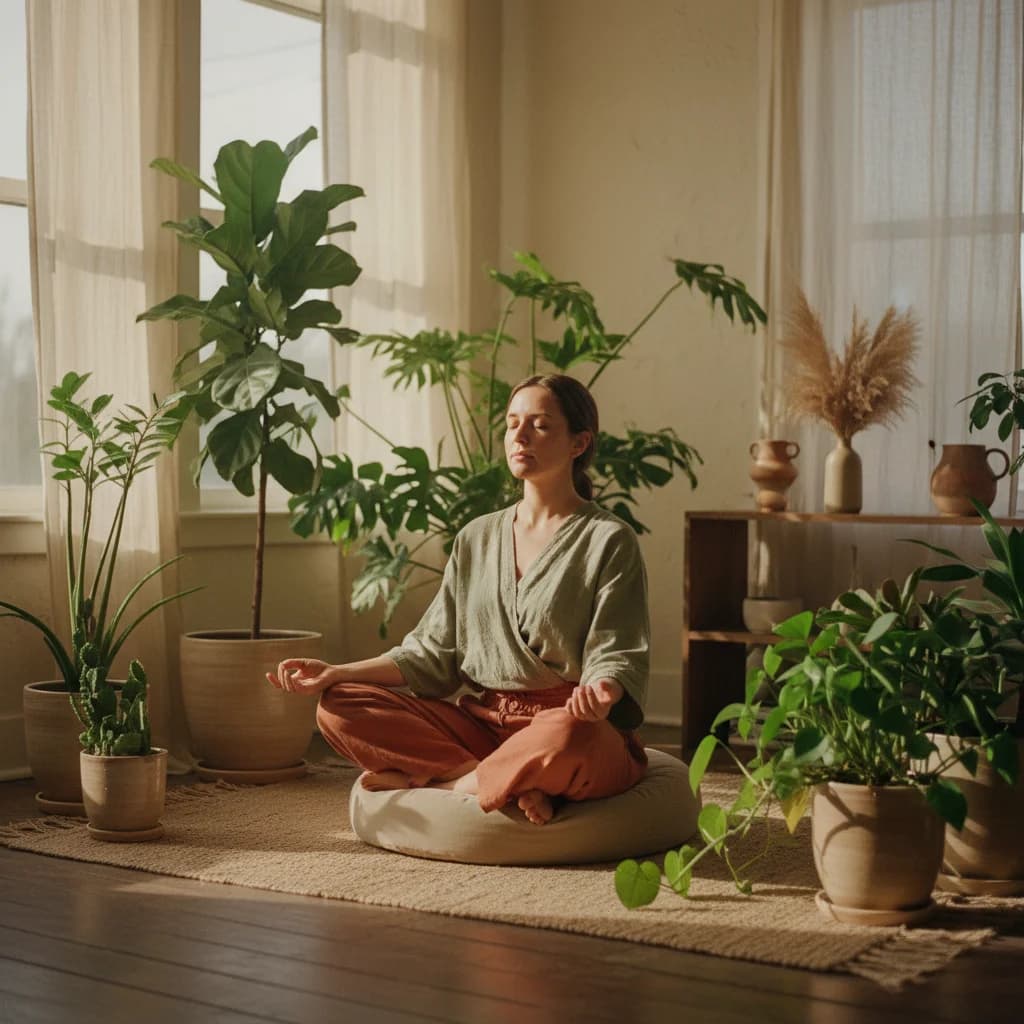 A person sitting peacefully practicing breathing in a sunlit room