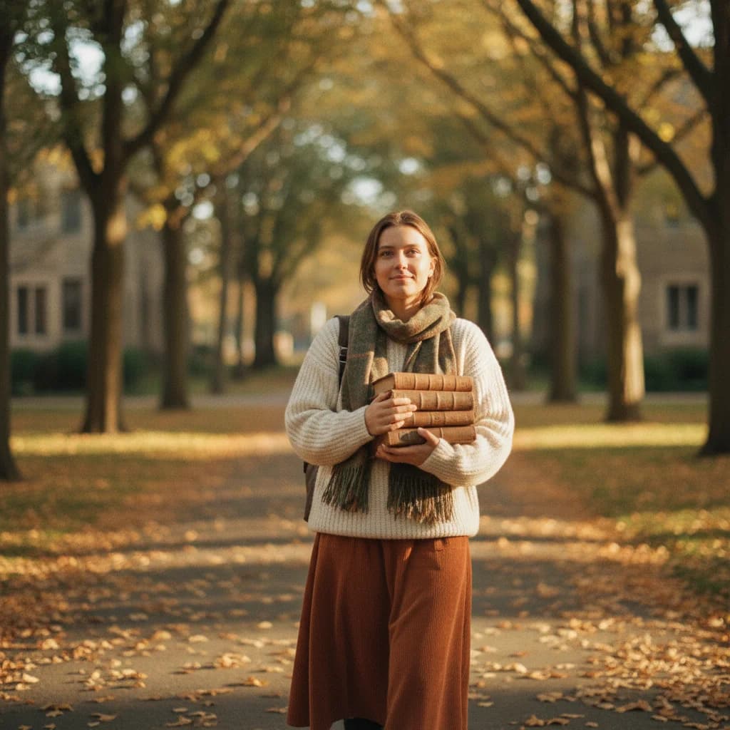 A young adult carrying books across a tree-lined campus