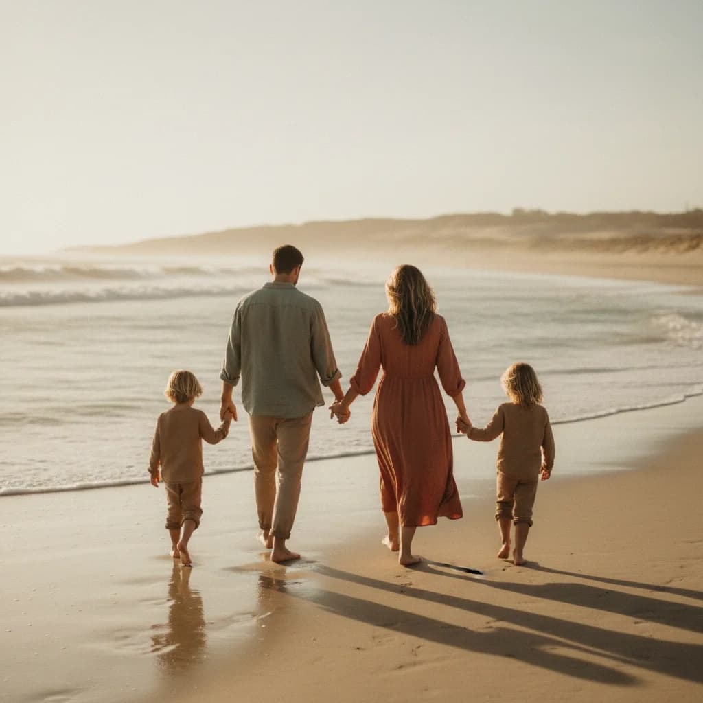 A family walking together on a beach at golden hour