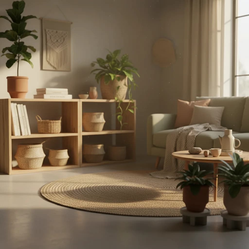 A beautifully organized living space with natural materials