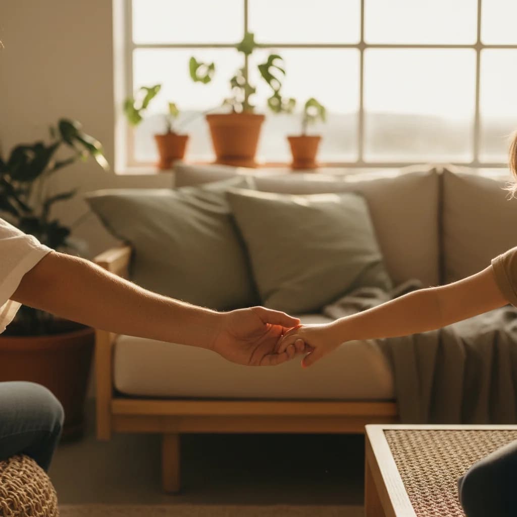 A parent gently holding a child’s hand in a sunlit room