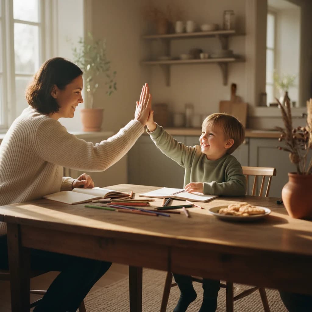 A parent and child celebrating a small achievement together with warm smiles