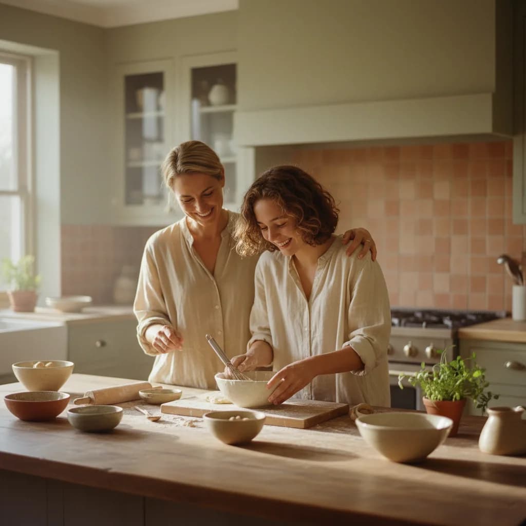A parent and teenager cooking together in a warm kitchen