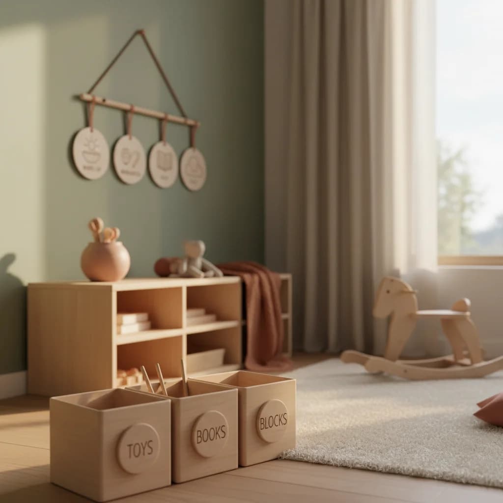 A calm, organized children’s room with visual schedules