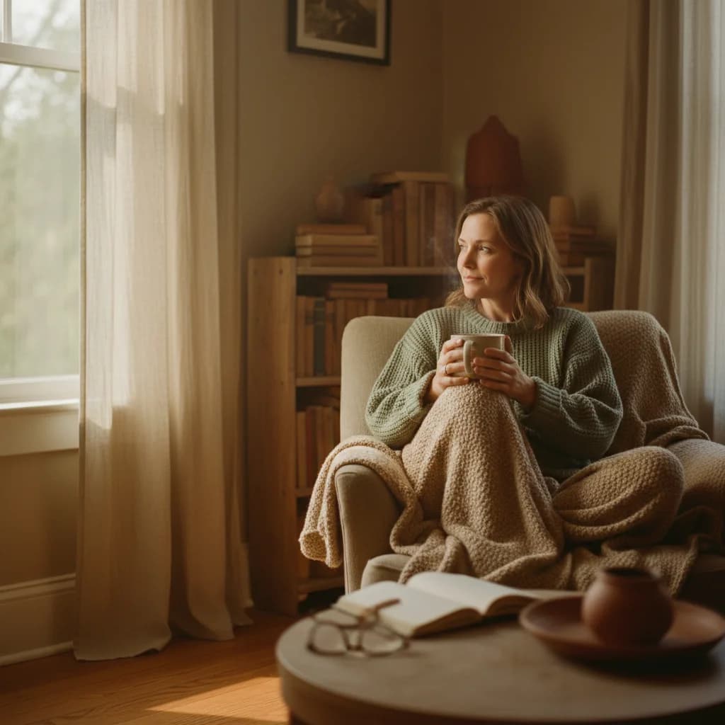 An adult sitting in a cozy reading nook with morning light