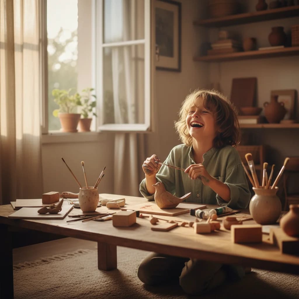 A young child laughing while doing a creative activity