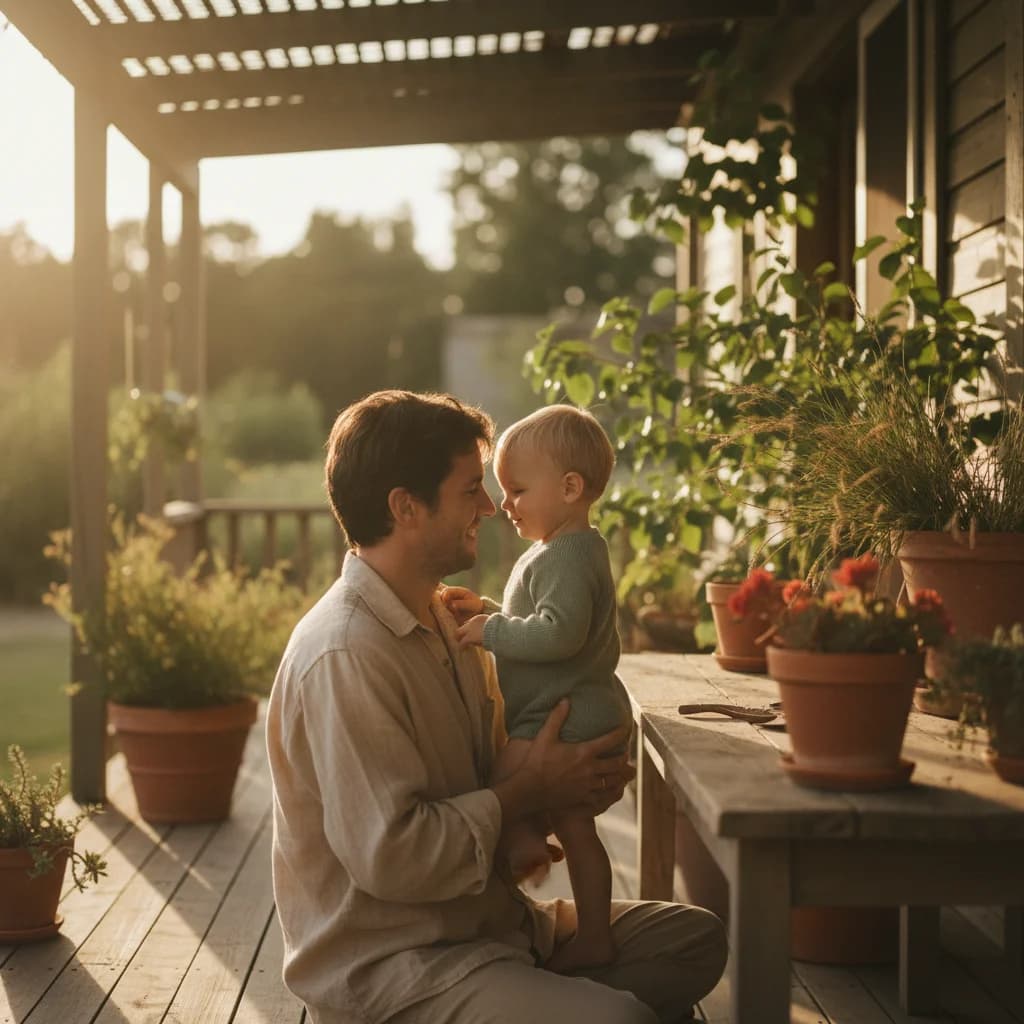 A peaceful family moment on a sunlit porch