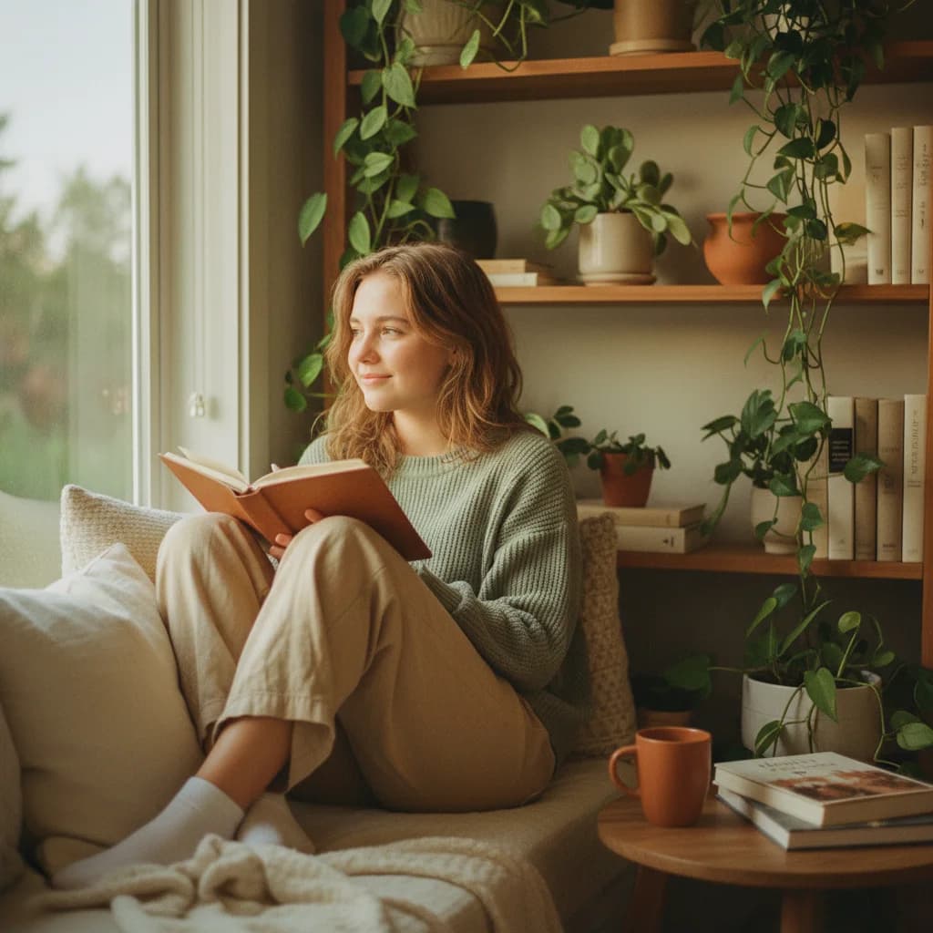 A teenager sitting comfortably with a journal